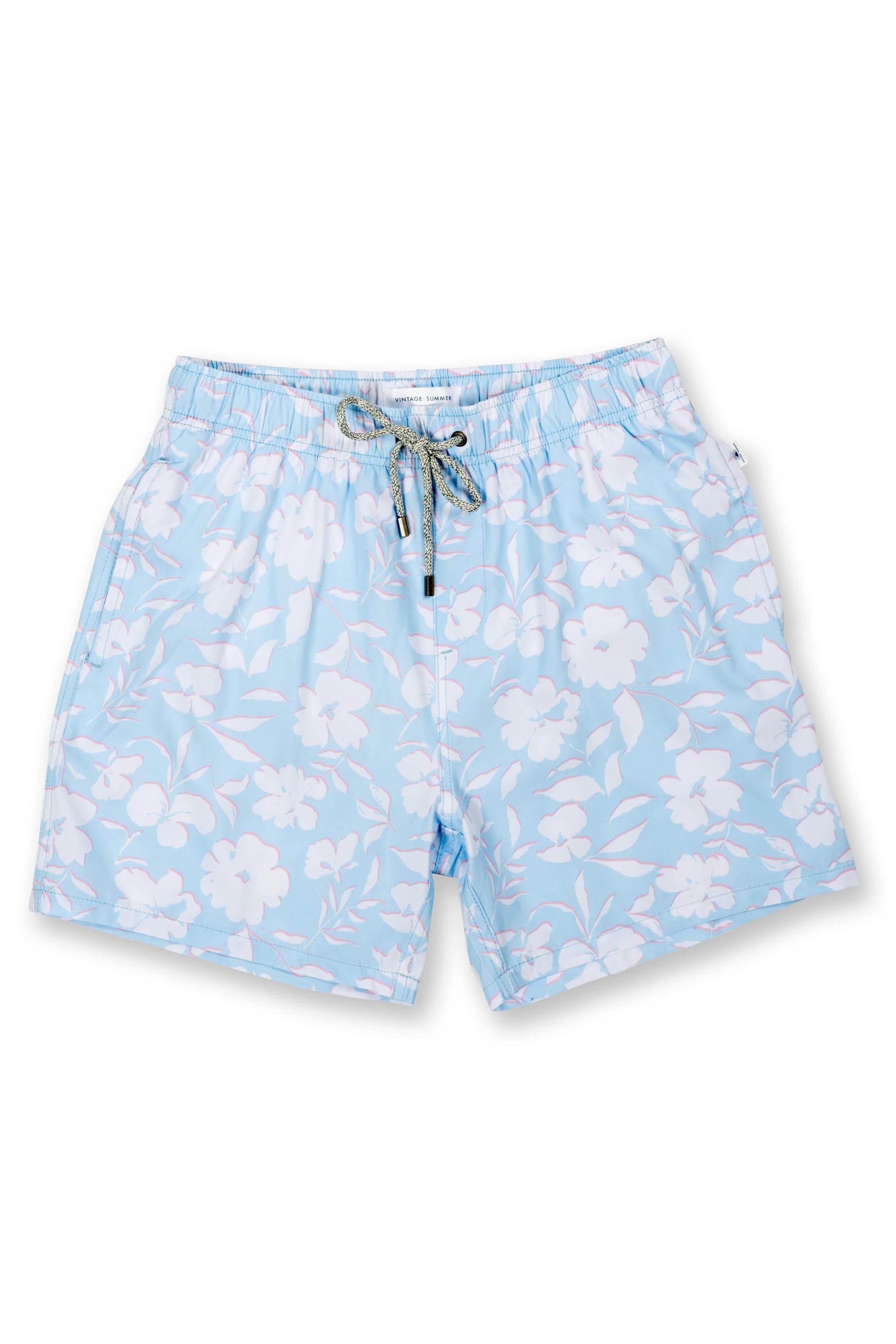 BOYS SWIM SHORTS W/ FLORAL PRINT - LIGHT BLUE