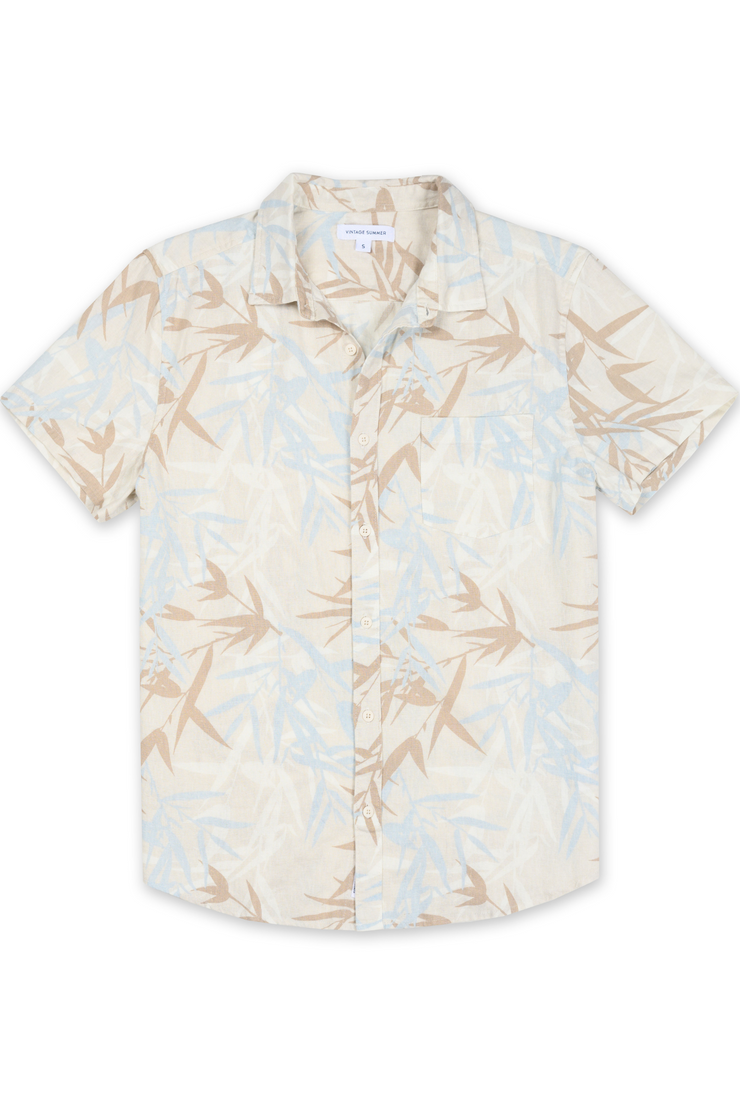 MENS SHORT SLEEVE LINEN BUTTON DOWN SHIRT W/ LEAF PRINT KHAKI