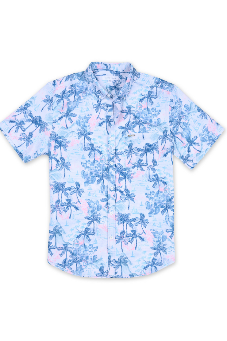 BOYS SHORT SLEEVE RAYON BUTTON DOWN W/ SCENIC PRINT - TEAL