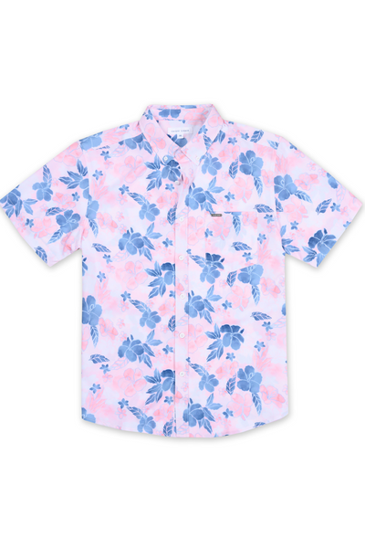 BOYS SHORT SLEEVE RAYON BUTTON DOWN W/ WATERCOLOR FLORAL PRINT - PINK