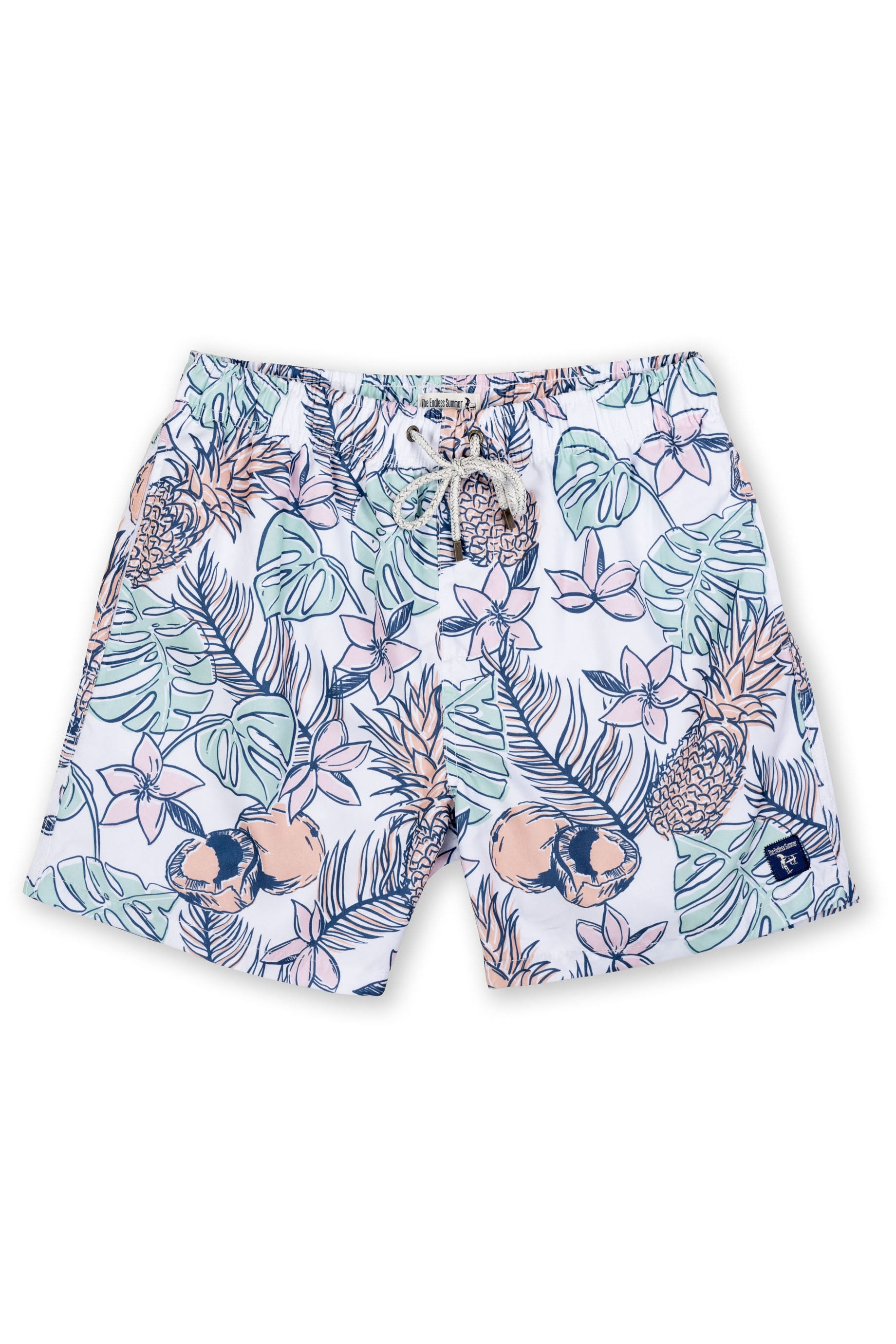 BOYS SWIM SHORTS W/ TROPICAL PINEAPPLE PRINT - WHITE
