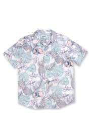 MENS SHORT SLEEVE RAYON BUTTON DOWN W/ TROPICAL PINEAPPLE - WHITE