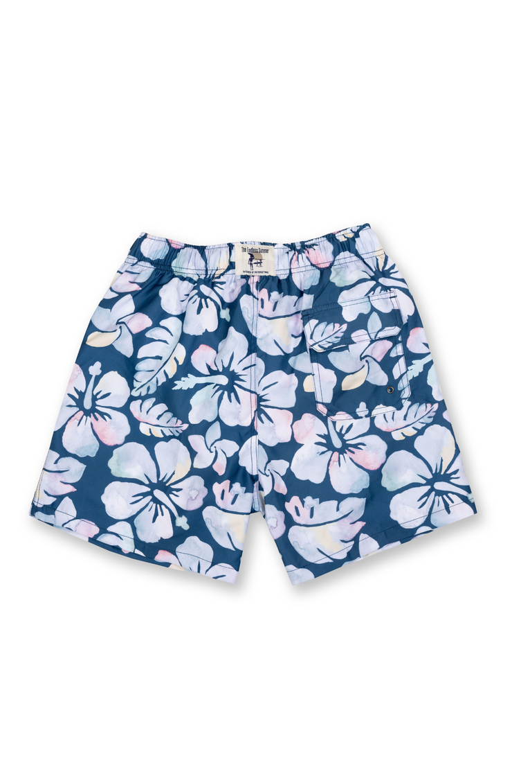 BOYS SWIM SHORTS W HIBISCUS PRINT DENIM VintageSummerSwimwear